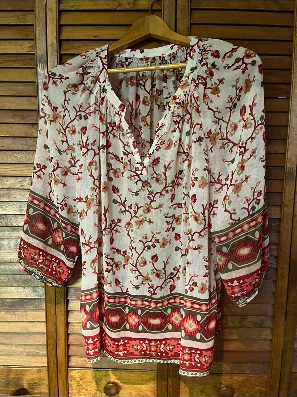Women's Floral Peasant Blouse - Red on Cream